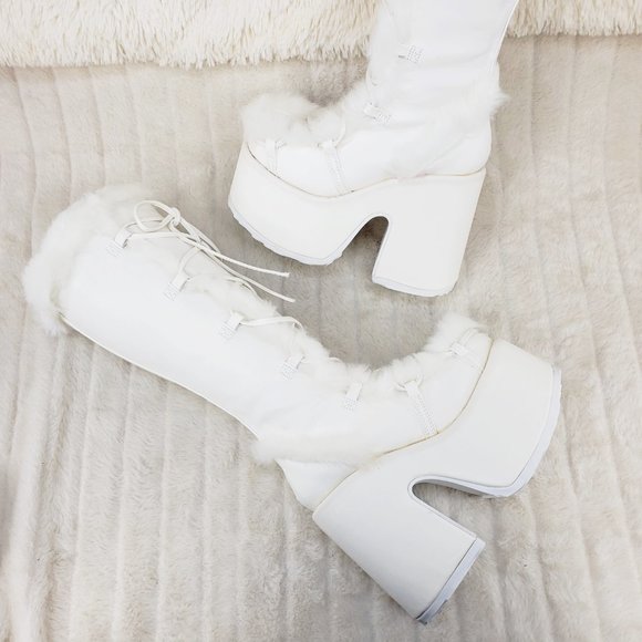 Camel 311 White furry goth punk Platform Knee Boot - Picture 2 of 11